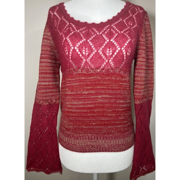 SISLEY Red Scoop Neck Sz Small Crochet Long Sleeve Women's Sweater - Picture 1 of 10